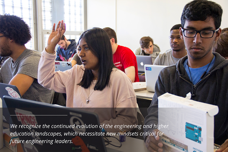 Quote: "We recognize the continued evolution of the engineering and higher education landscapes, which necessitate new mindsets critical for future engineering leaders" over image of student at a table.