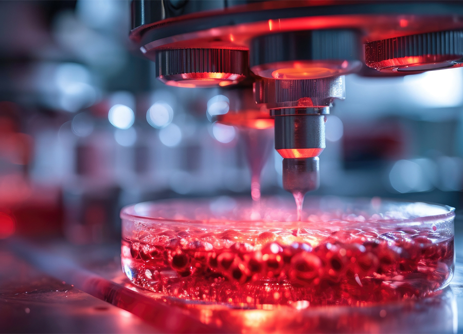 Close up image of 3D bioprinting machine a soft material in a Petri dish