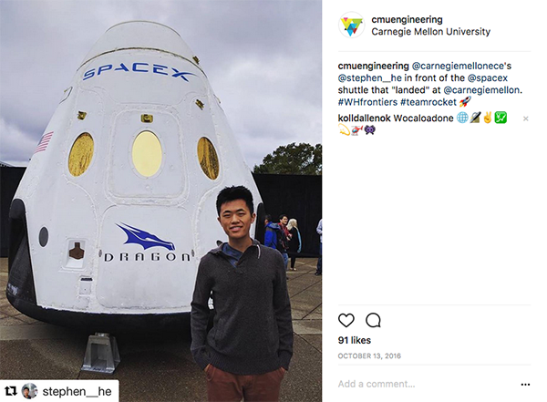 Student standing in front of rocket at White House Frontiers Conference