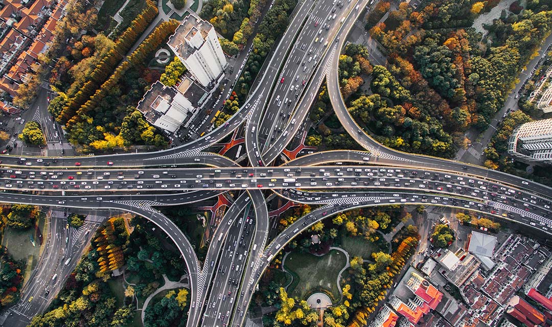 Bird's eye view of a large highway interchange