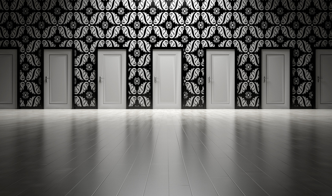 Seven closed white doors on a black and white patterned wall