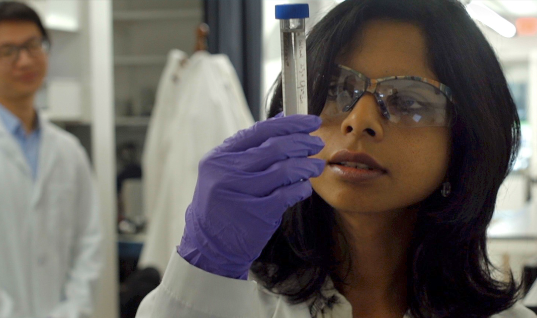 Assistant Professor Reeja Jayan looking at labeled test tube
