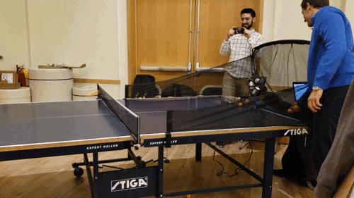 MechE and the Integrated Innovation Institute master's students Stamatios Athiniotis, Edward Bruge, Michael Brough created a machine that will help you improve your return in table tennis.