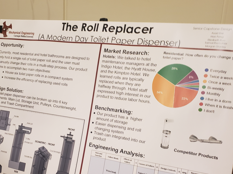 MechE students looked to improve a toilet paper roll holder by adding an automatic restocking element.