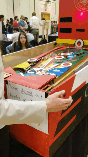 MechE seniors Isabelle Ahn, Molly Boerner, Dominique Brych, Cynthia Cano, Samanatha Ealy designed a special pinball machine with auto-leveling capabilities.