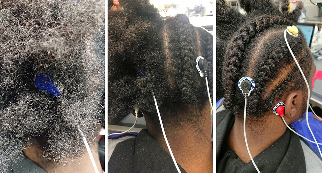 Three images showing the process of braiding thick, natural hair, with EEG nodes on the scalp