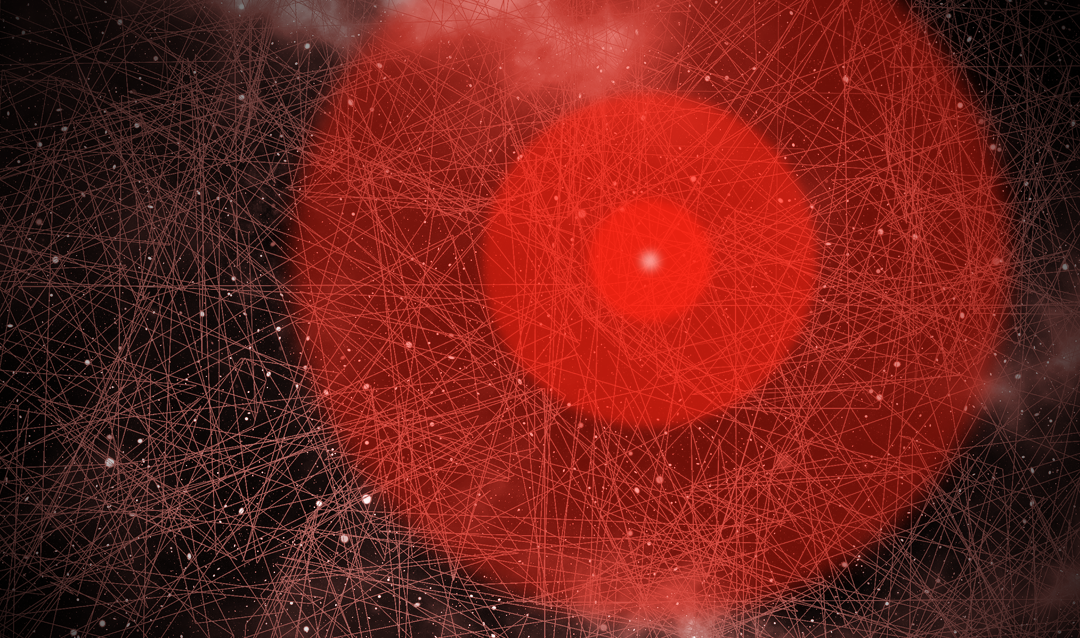 Red circles on a black background with a silver lattice-work on top to demonstrate a brain aneurysm
