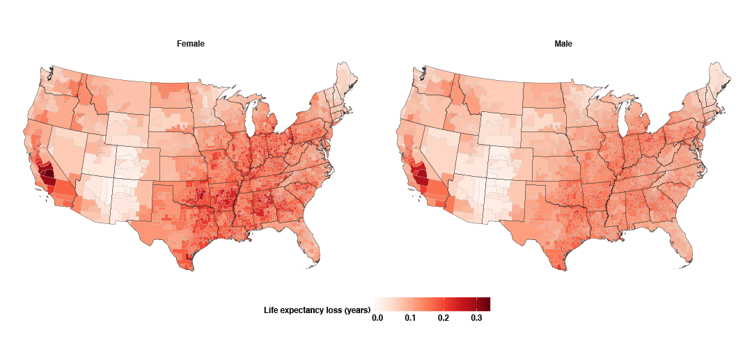 Map showing life expectancy loss