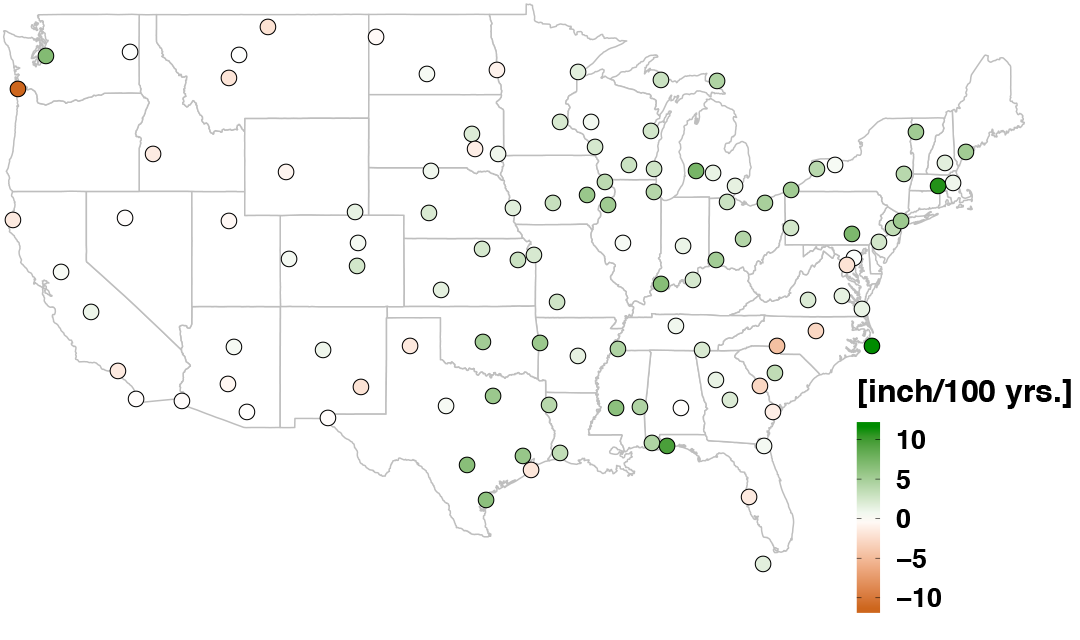 Map of the USA showing rainfall amount