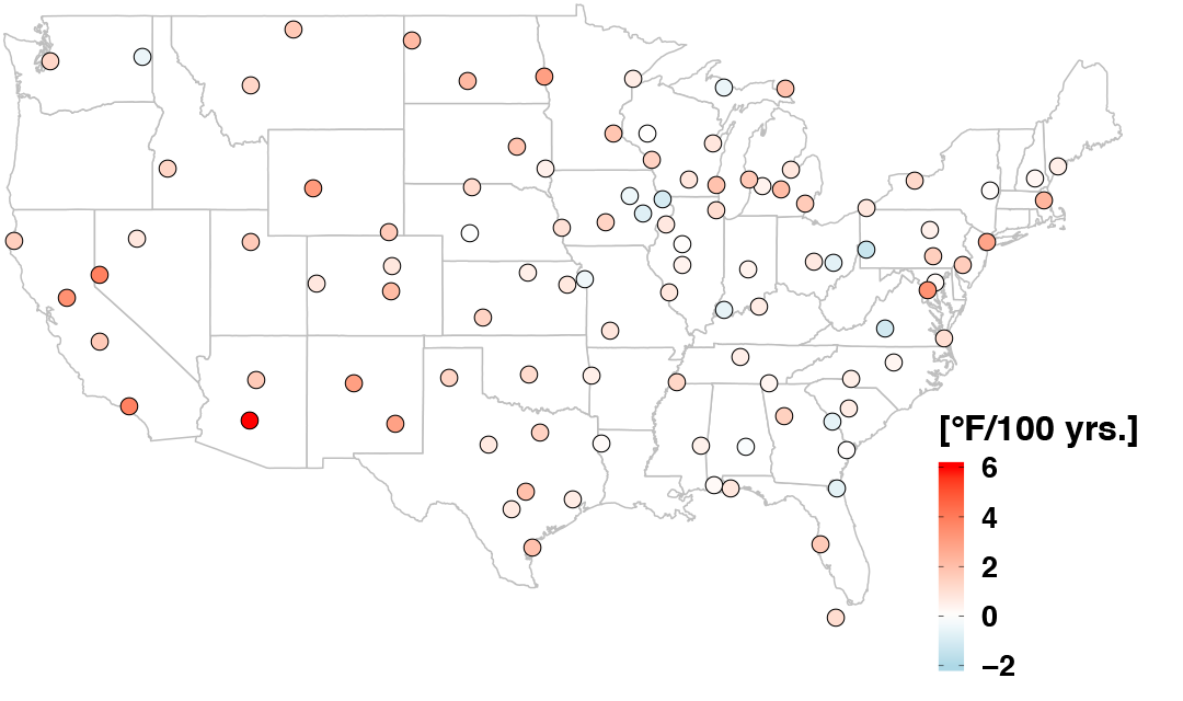 Map of the USA showing temperatures changes