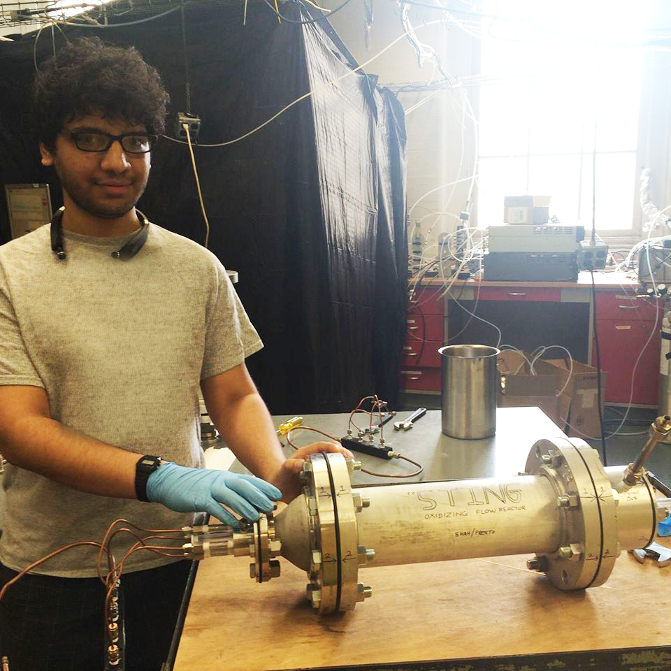 Rishabh Shah and his “oxidative flow reactor,” which speeds up atmospheric processing to quickly capture air’s full potential to form secondary particles.