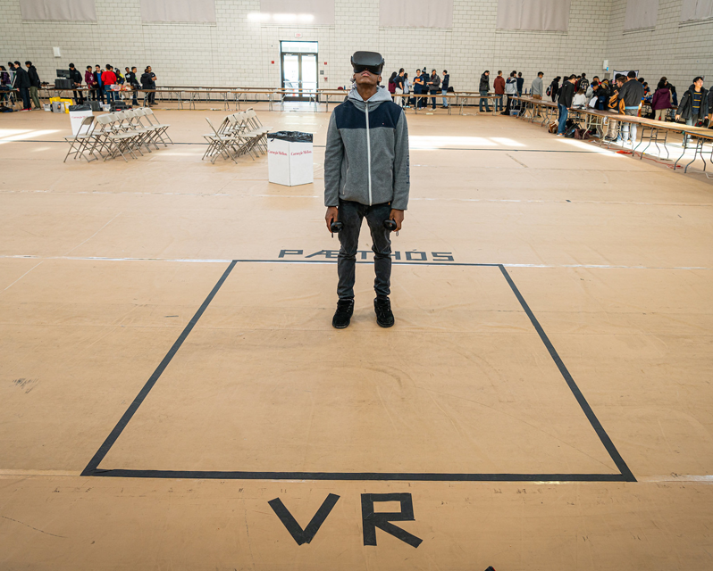 Student wearing a VR headset