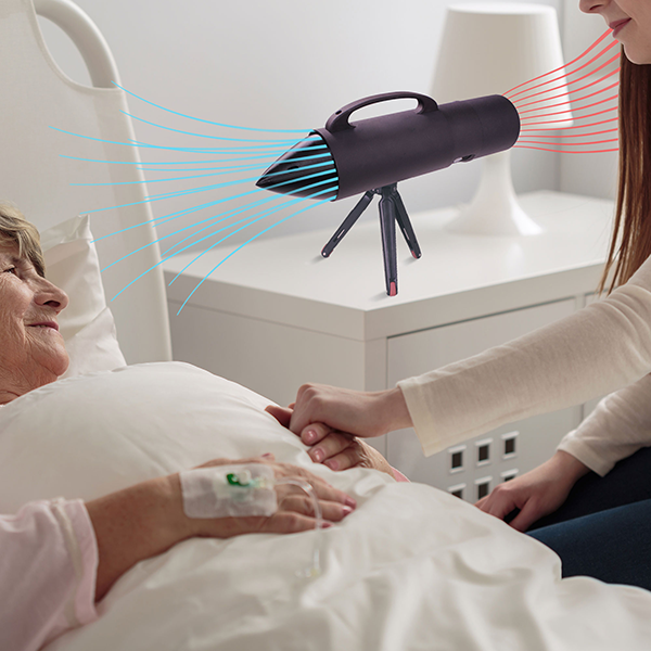 Older woman in a bed with a device beside her bed, and an active air stream shown