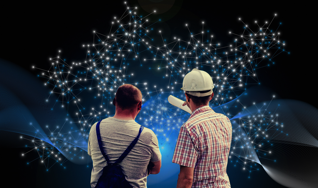 Two construction workers looking at a star map