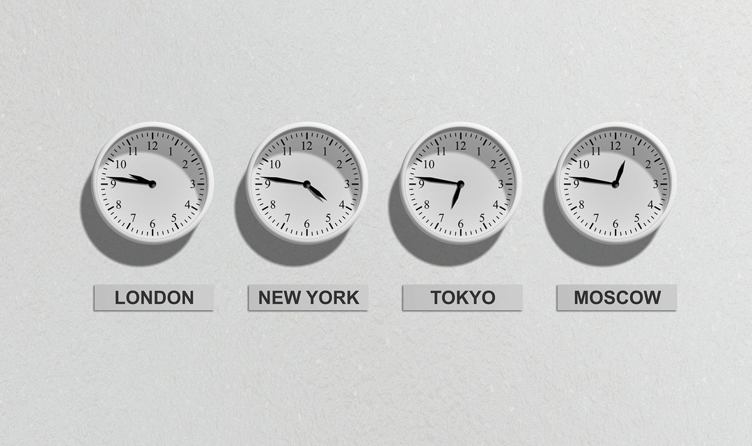 Clocks showing different time zones