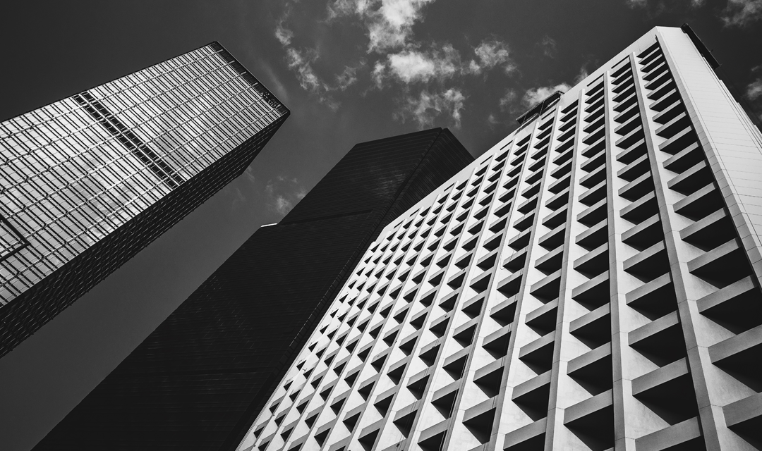 Three buildings, shot upward from street level