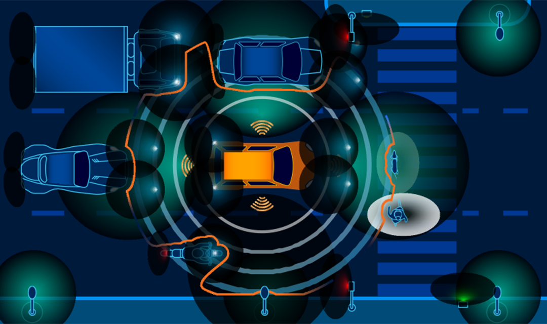 Graphic showing cars and trucks communicating and sensing obstacles