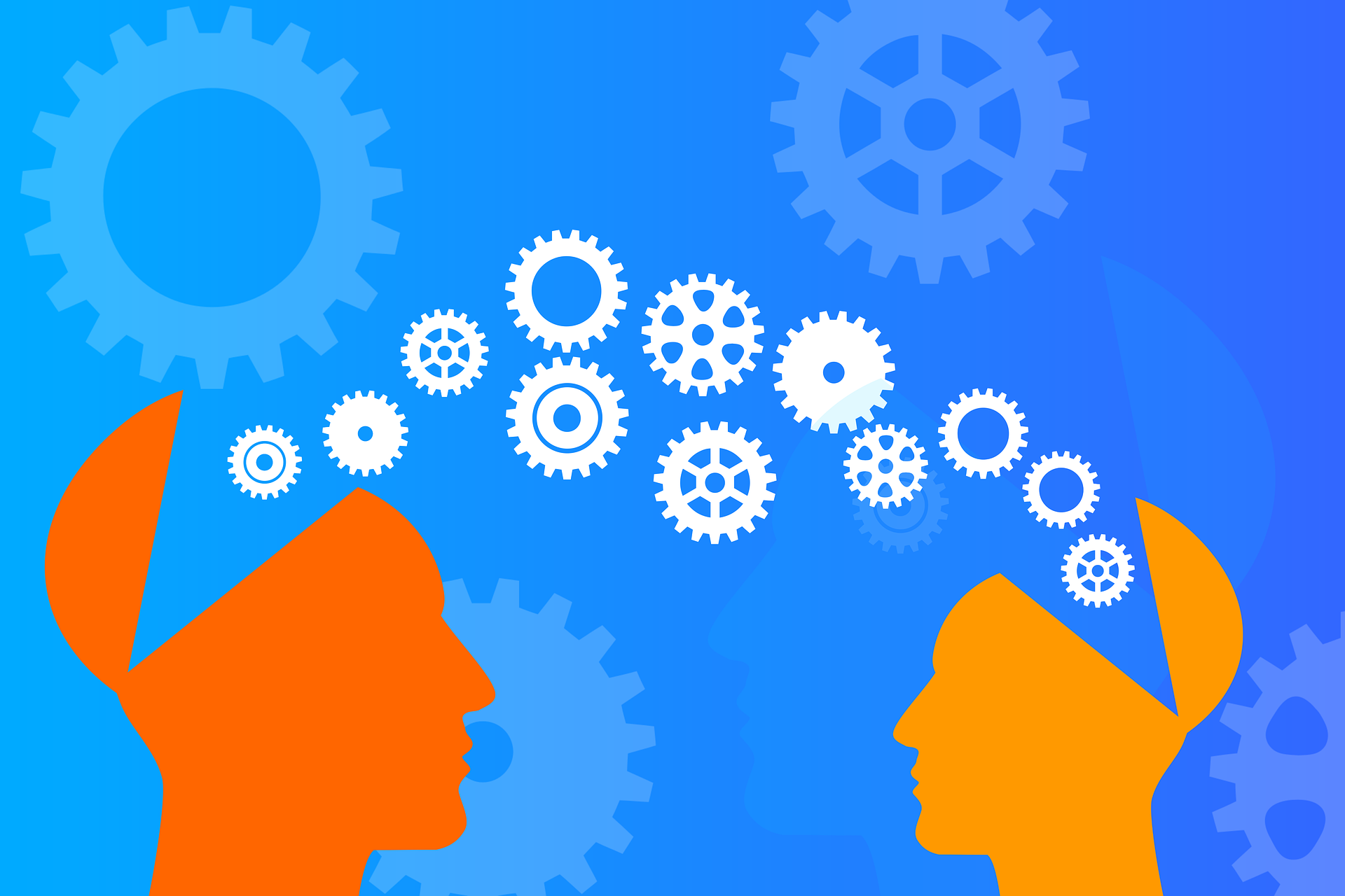 Clipart where one person’s head is open and gears are moving into another's