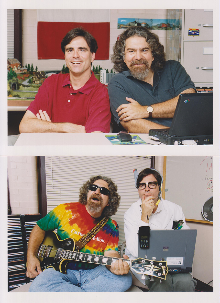 Two old photos: one of two professors in their office, and another of the same two professors playing music