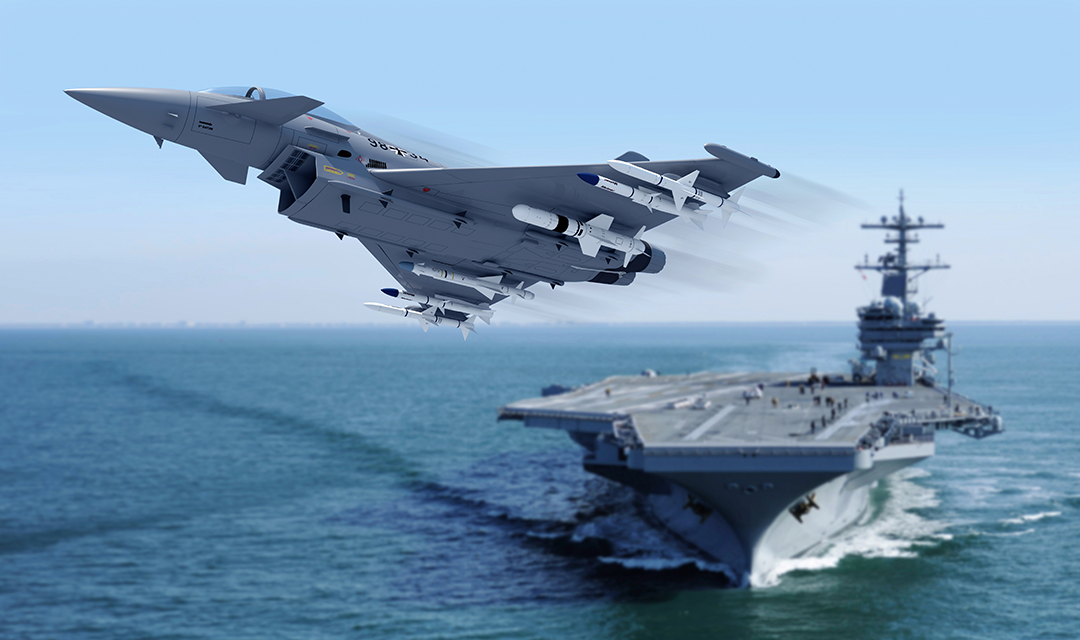 A fighter jet taking off from a submarine