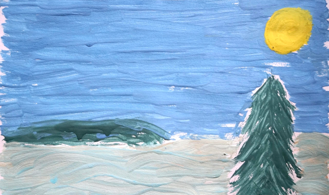 A painting of a tree and sun created by the donor's child