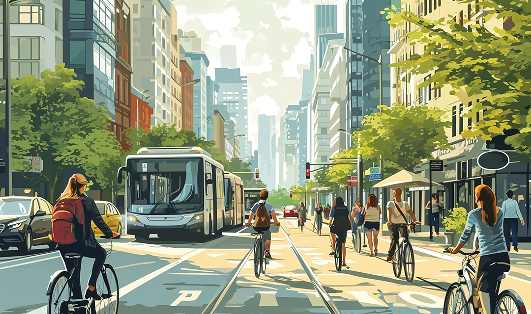 People riding bikes down a crowded city street (clipart)