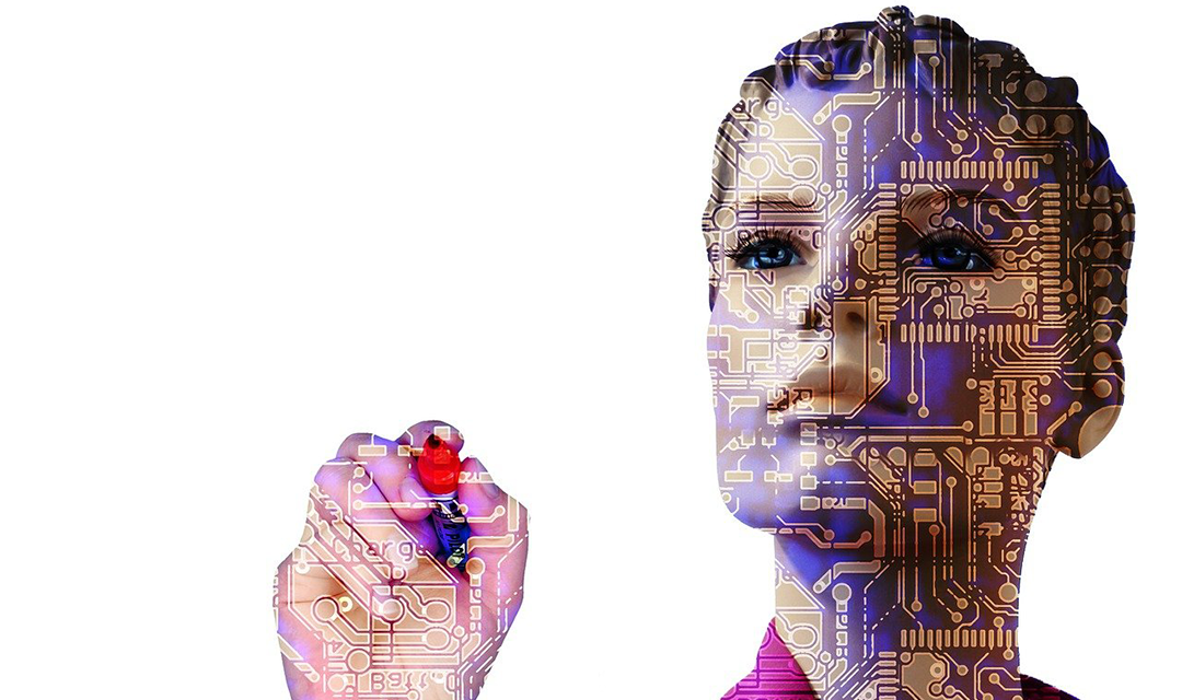 Animated woman with computer circuitry on skin 