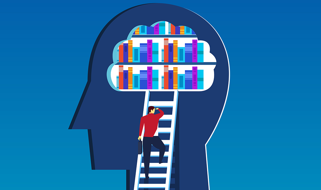 Illustration of a head with, inside, a person climbing a ladder to shelves of books
