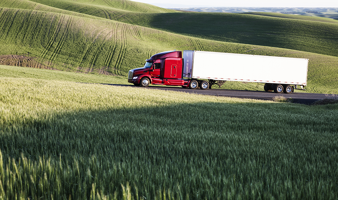 An 18-wheeler on a road surrounded in grass