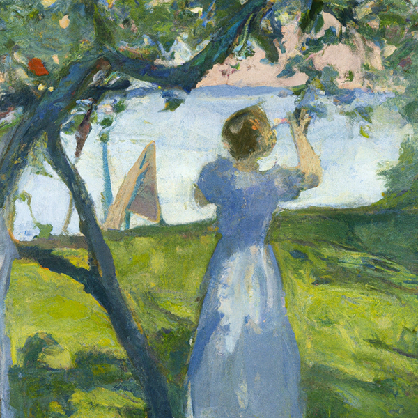 Watercolor painting of a woman picking an apple off a tree with a sailboat in a bay in the background