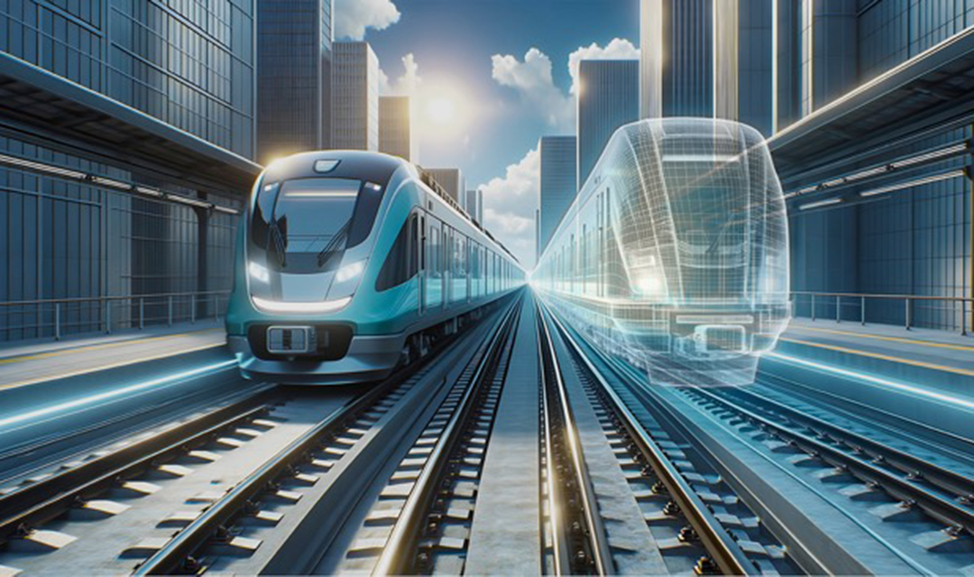 Digital illustration of a train mirrored by the blueprint for the train