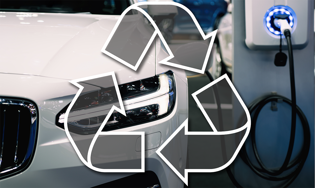 An electric vehicle charging, overlaid with the Reduce, Reuse, Recycle triangles