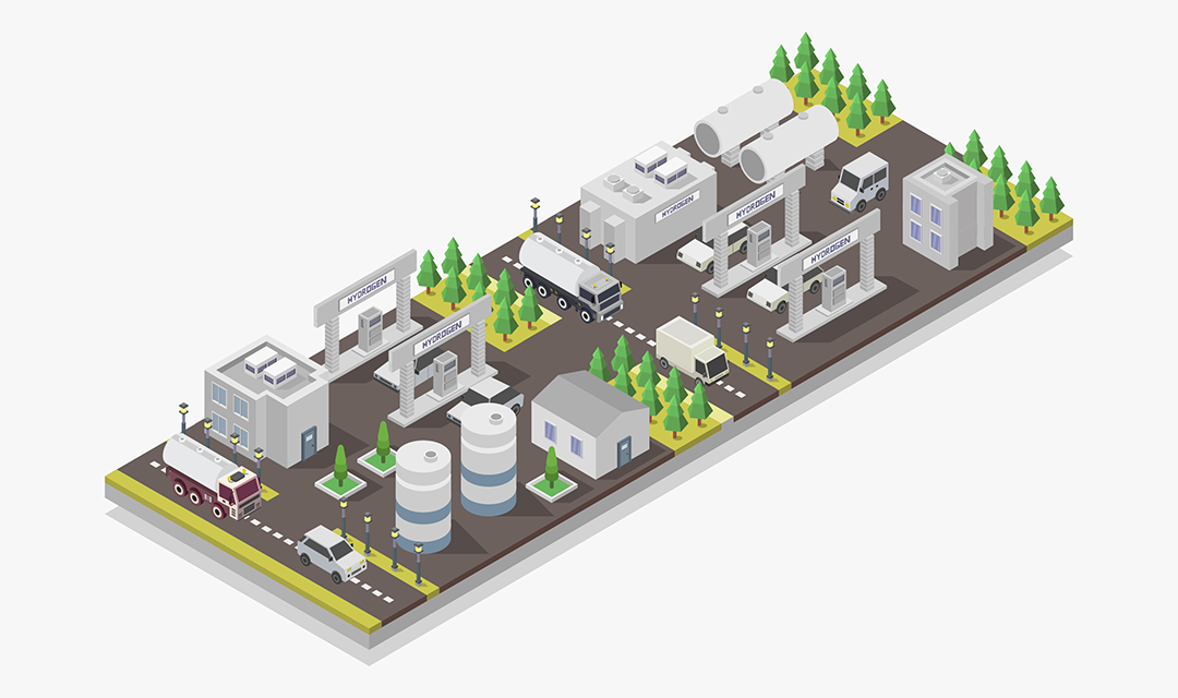 A clipart of a hydrogen hub with trucks, hydrogen stations, towers, and buildings