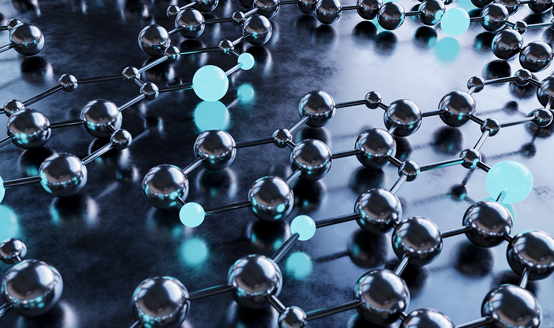 Multicolored spheres connected by tubes, which form the shape of molecules