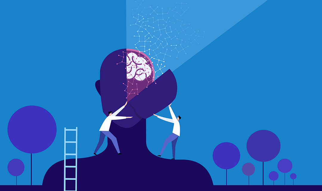 Illustration of a brain silhouette with people opening part of the head to reveal the brain