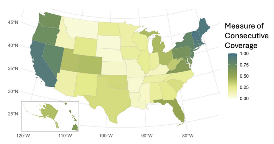 A USA map of the measure of consecutive coverage, showing that California and New York (plus the areas surrounding these states) are higher than other areas in the USA.