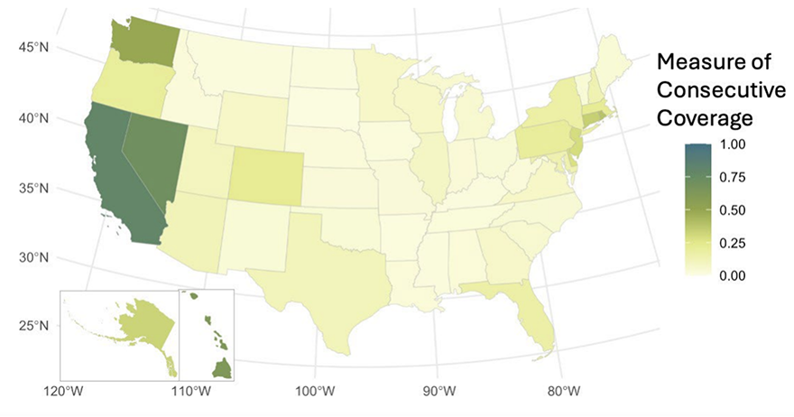 A map of the USA showing consecutive coverage centered on the west coast, in particular California and Nevada