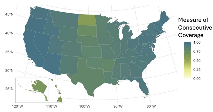 A map of the USA showing consecutive coverage that is mostly equal across the entire country, although the middle of the country is still slightly less than the east and west coast, but not by much