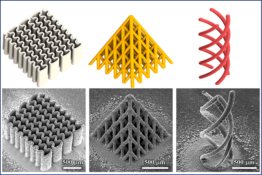 Technical graphic showing three structures in both the microscopic view as well as a model of the structure.