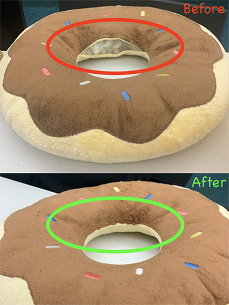 Top shows a ripped dog bed that looks like a donut. Bottom image shows that it has been fixed.