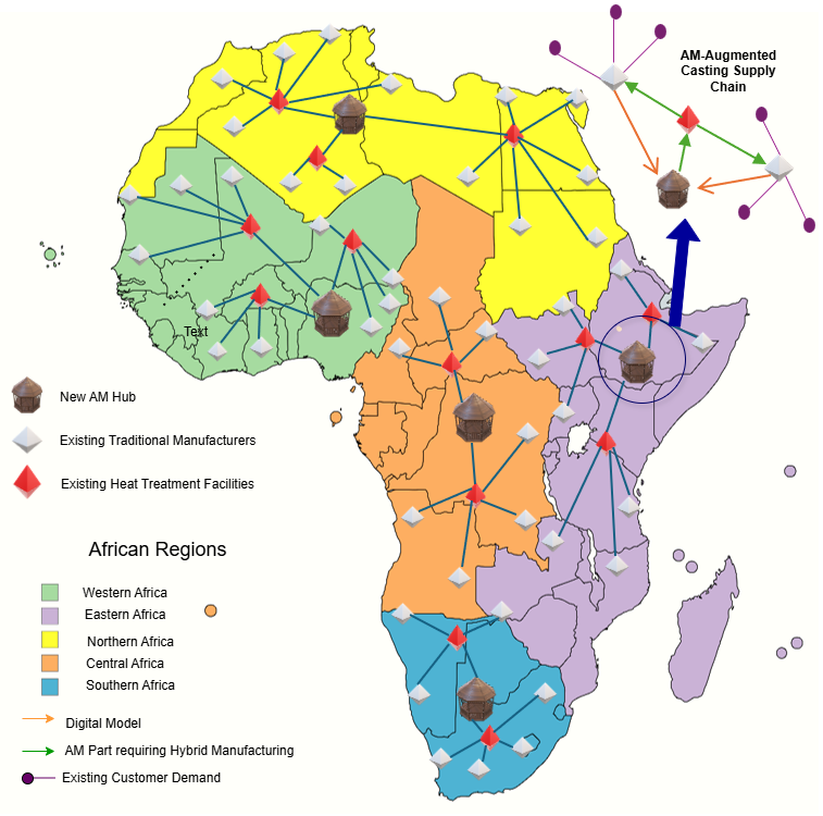 Map of Africa marked with A.M. hubs