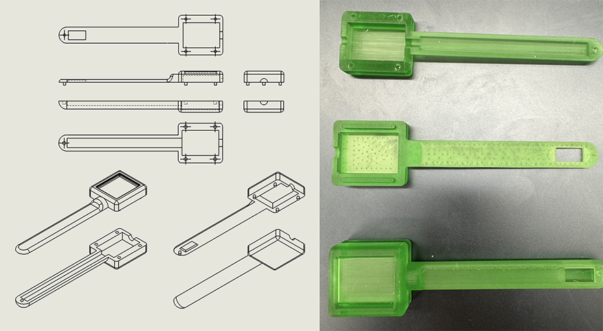 Two photos next to one another. Left has a CAD model of a oximeter, a device similar in shae to a thermometer, with a long shaft at the end of a square based. Right has a photo of two green plastic oximeters, one showing the top and bottom separately, one connected as a whole piece.