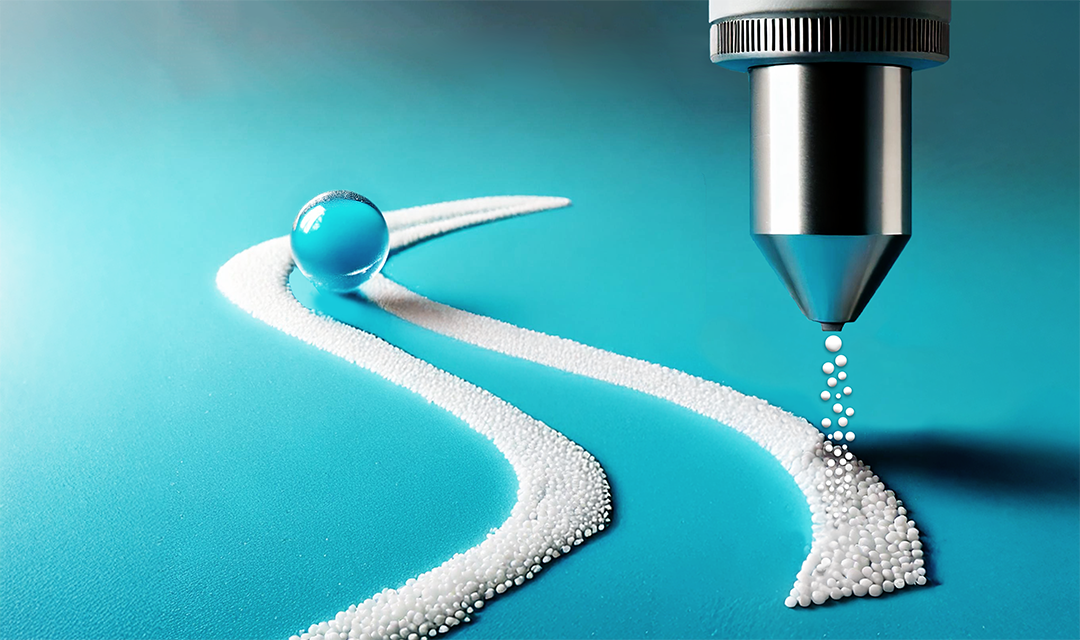 A 3D printer jet "printing" a swirling white shape. There's a marble between two of the lines in the white shape.