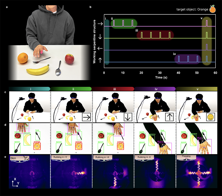 A scientific figure shows a wearable haptic system helping a person locate an orange among a banana, apple, fork, and spoon. The panels illustrate the setup, vibration patterns over time, stages of interaction, labeled object detection, and visualizations of different touch feedback modes.
