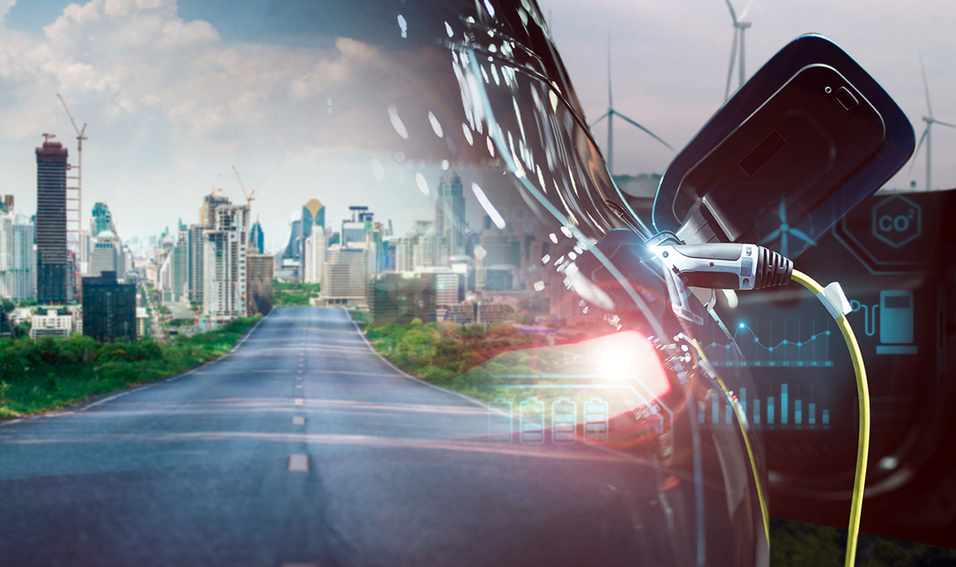 A futuristic illustration depicting an electric vehicle charging in a city with wind turbines in the background, symbolizing sustainable energy and modern transportation.