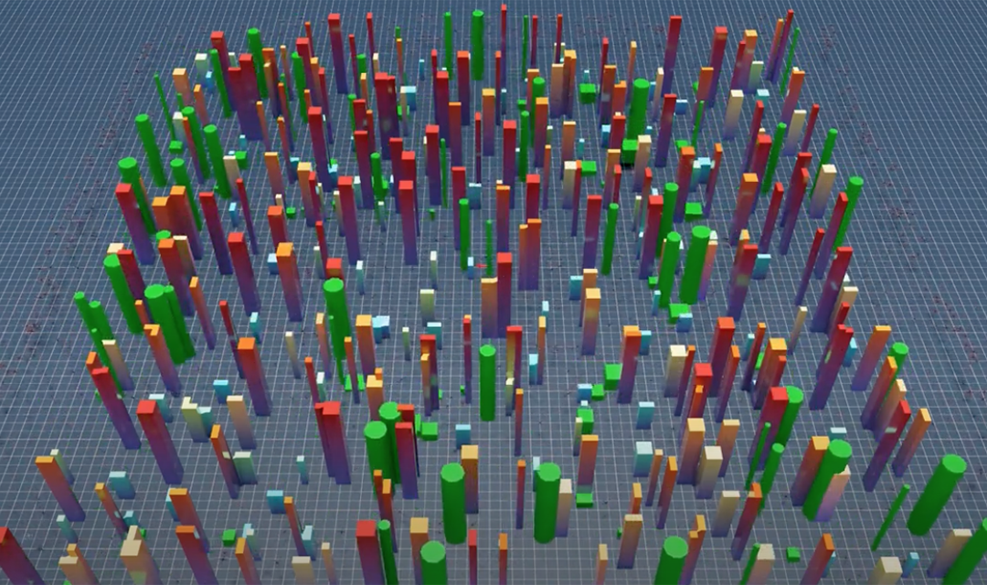 Colorful 3D bar graph visualization representing data points with varying heights and colors.