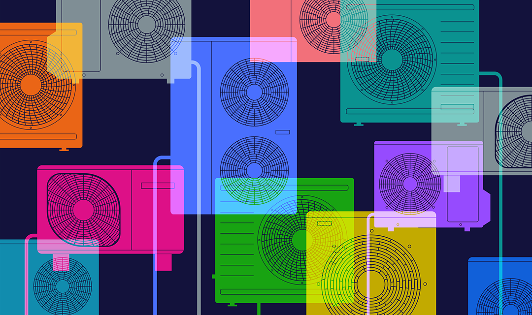 Illustration of heat pumps in different colors and sizes