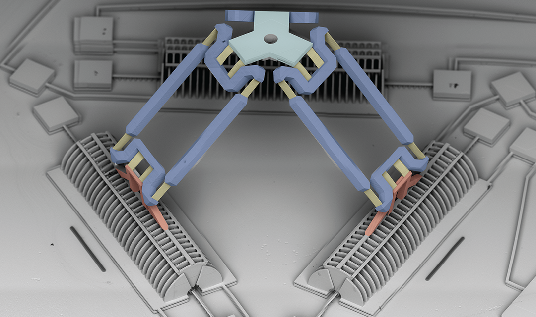 Multiple scanning electron microscope (SEM) images are stitched together to provide a high resolution image of the microDelta robot.