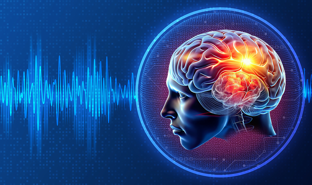An illustration depicting a human head in profile with a glowing brain, combined with a visual representation of sound waves.