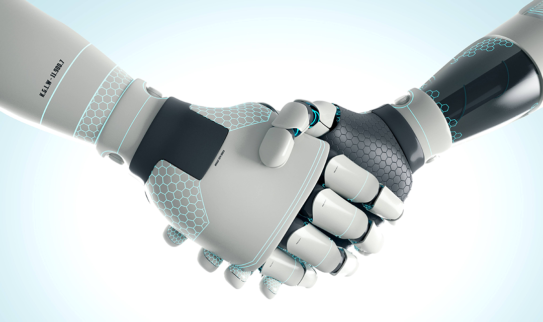 Two robotic arms shaking hands